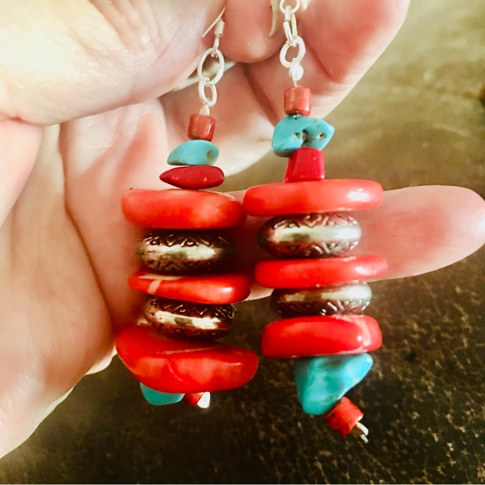 Earrings 3inches coral sterling turquoise